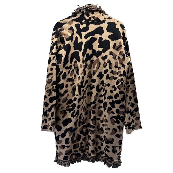 Chicos Women's Thick Long Cardigan Medium Brown Animal Print Open Fringe Boho - Picture 2 of 6